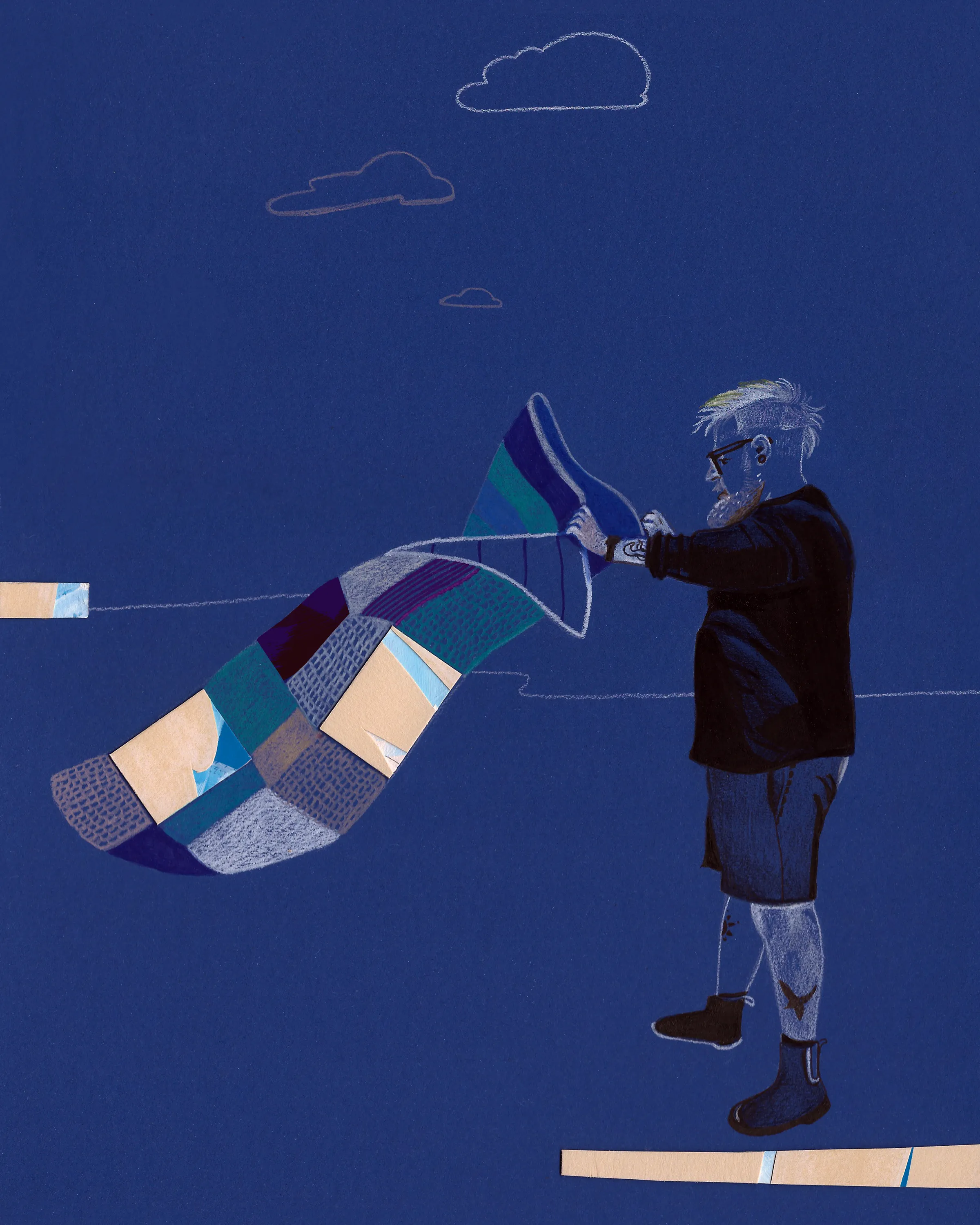 Illustration of a person holding a colorful patchwork quilt blowing in the wind